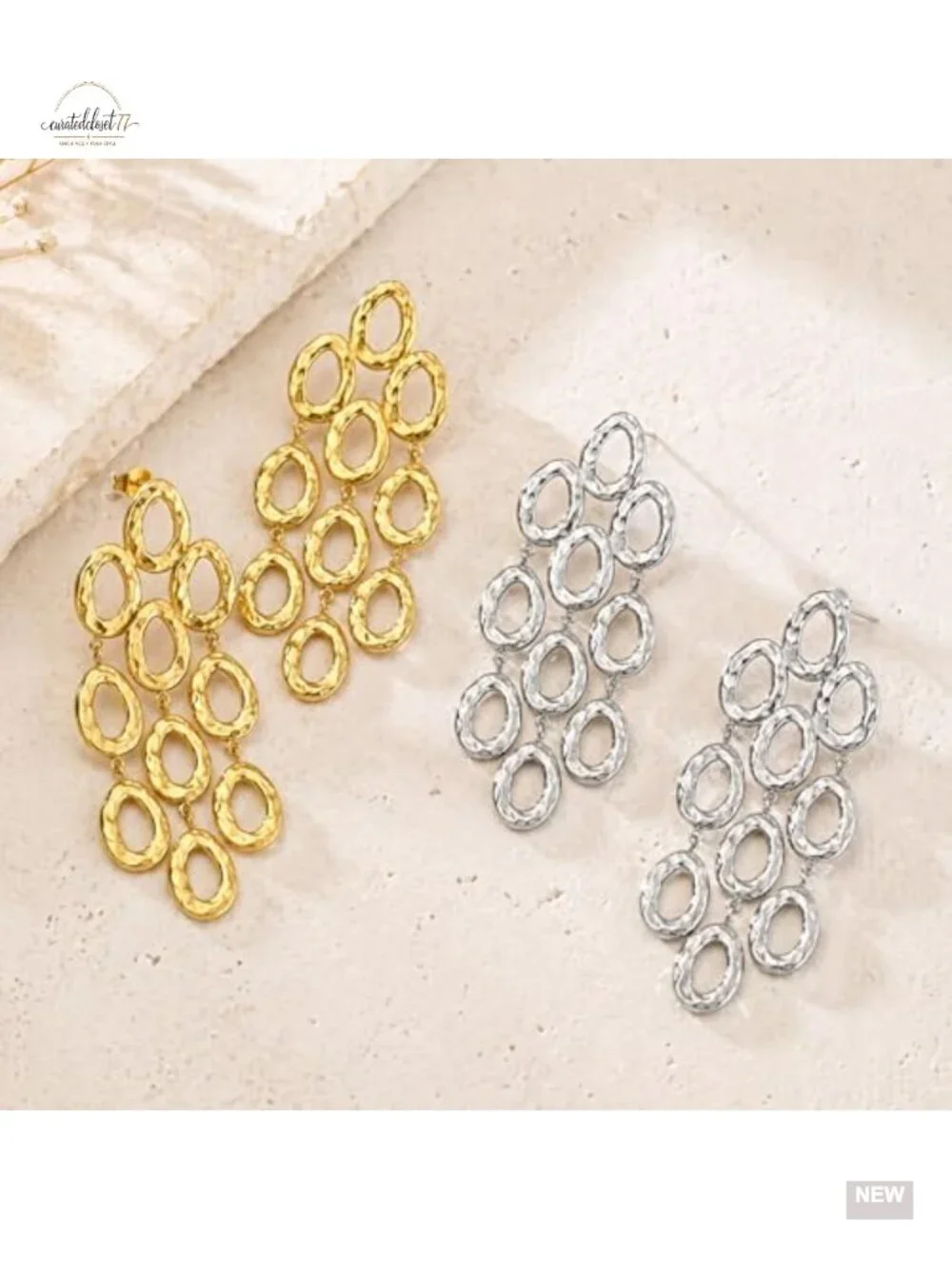 18K Gold Plated Hammered Chandelier Dangle Earrings, Lightweight Statement
